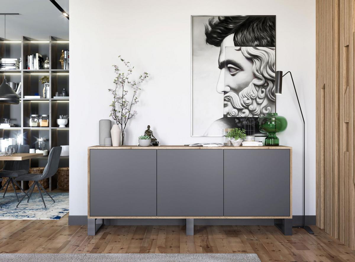 KOMMODE Apollo 3D Eiche wotan Graphit Matt 168/72/35 cm - Graphitfarben/Schwarz, Holzwerkstoff/Metall (168/72/35cm) - Meble Lindner