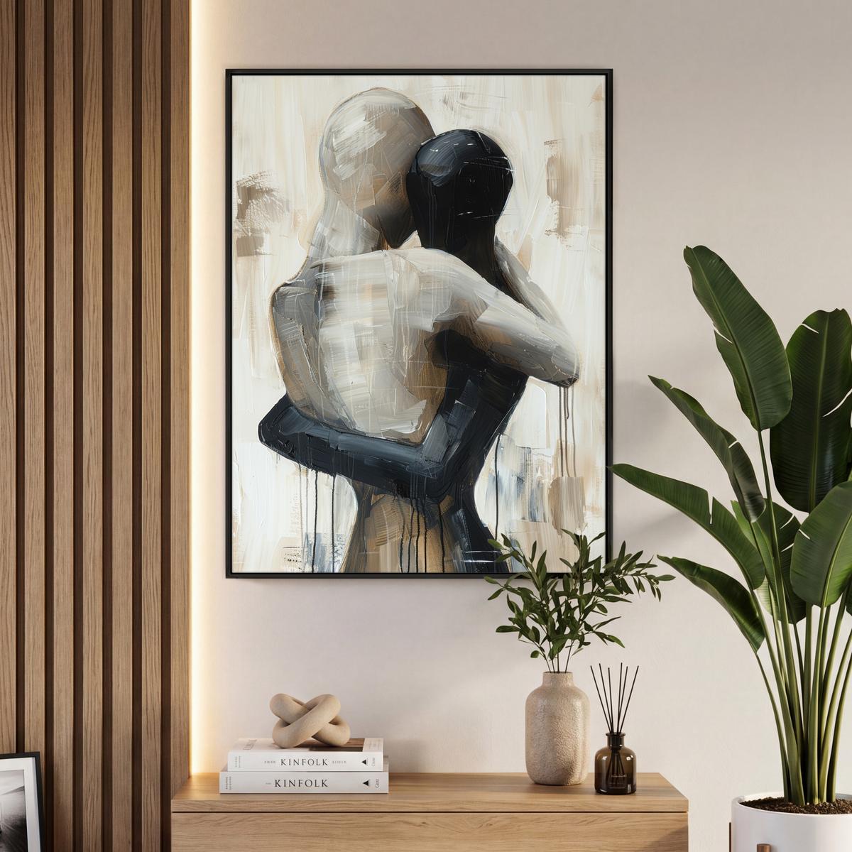 LEINWAND Bilder mit Rahmen - Abstrakt - Liebe - Schwarz und weiß - Modern - 70x100 - Schwarz, Textil (70/100cm) - MuchoWow