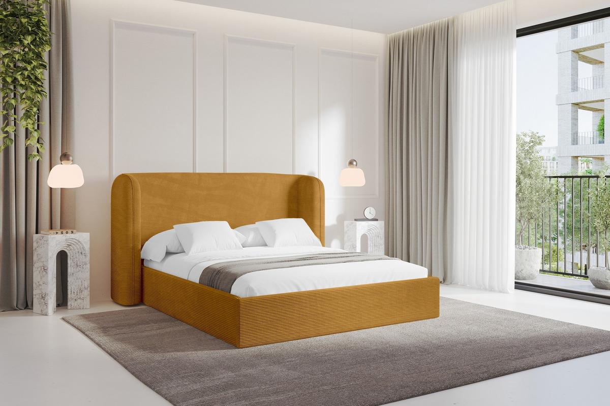 POLSTERBETT mit Bettkasten und Lattenrost, Boxbett ohne Matratze - ESTI 140x200 Senfgelb - Currygelb, Holzwerkstoff/Textil (140/200cm) - ALTDECOR