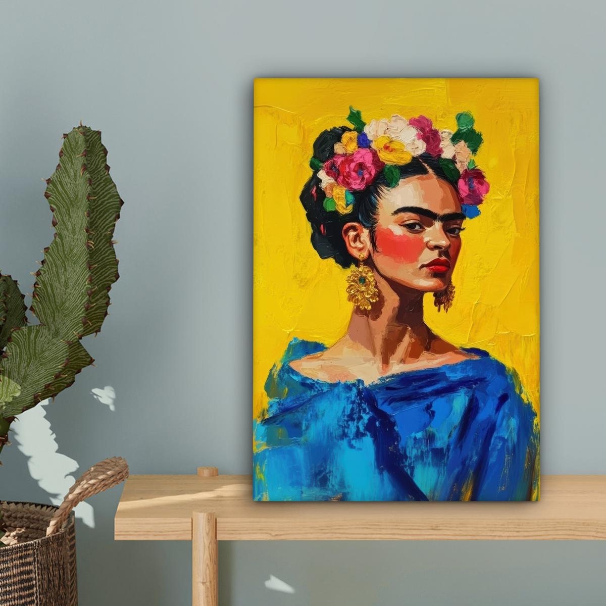 LEINWANDBILD Frida Kahlo - Frau - Gelb - Blau - Blumen Deko Wohnzimmer 20x30 cm - Gelb, Textil (20/30cm) - MuchoWow