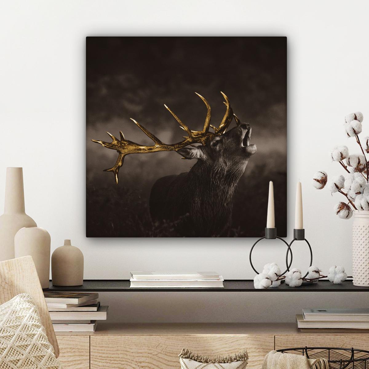 LEINWANDBILD Rotwild - Schwarz - Gold Wandbild Wohnzimmer 50x50 cm - Braun, Textil (50/50cm) - MuchoWow