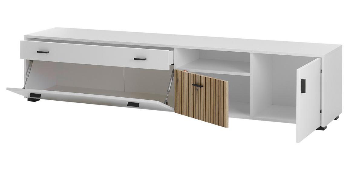 WOHNWAND 3-teilig weiß matt, Eiche 258 cm, Wohnkombination mit Soft-Close-Funktion - Eichefarben/Schwarz, Glas/Holzwerkstoff (258/180/42cm)