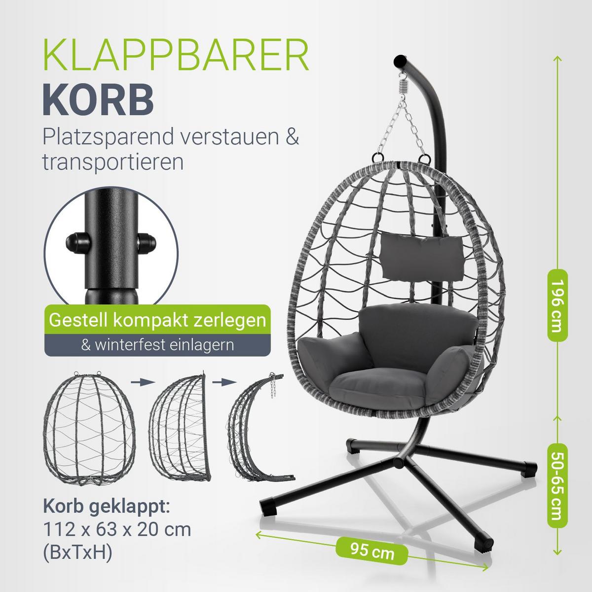 KORBHÄNGESESSEL Aria grau inkl. waschbare Bezüge - Grau, Kunststoff/Metall (95/196/95cm) - Juskys