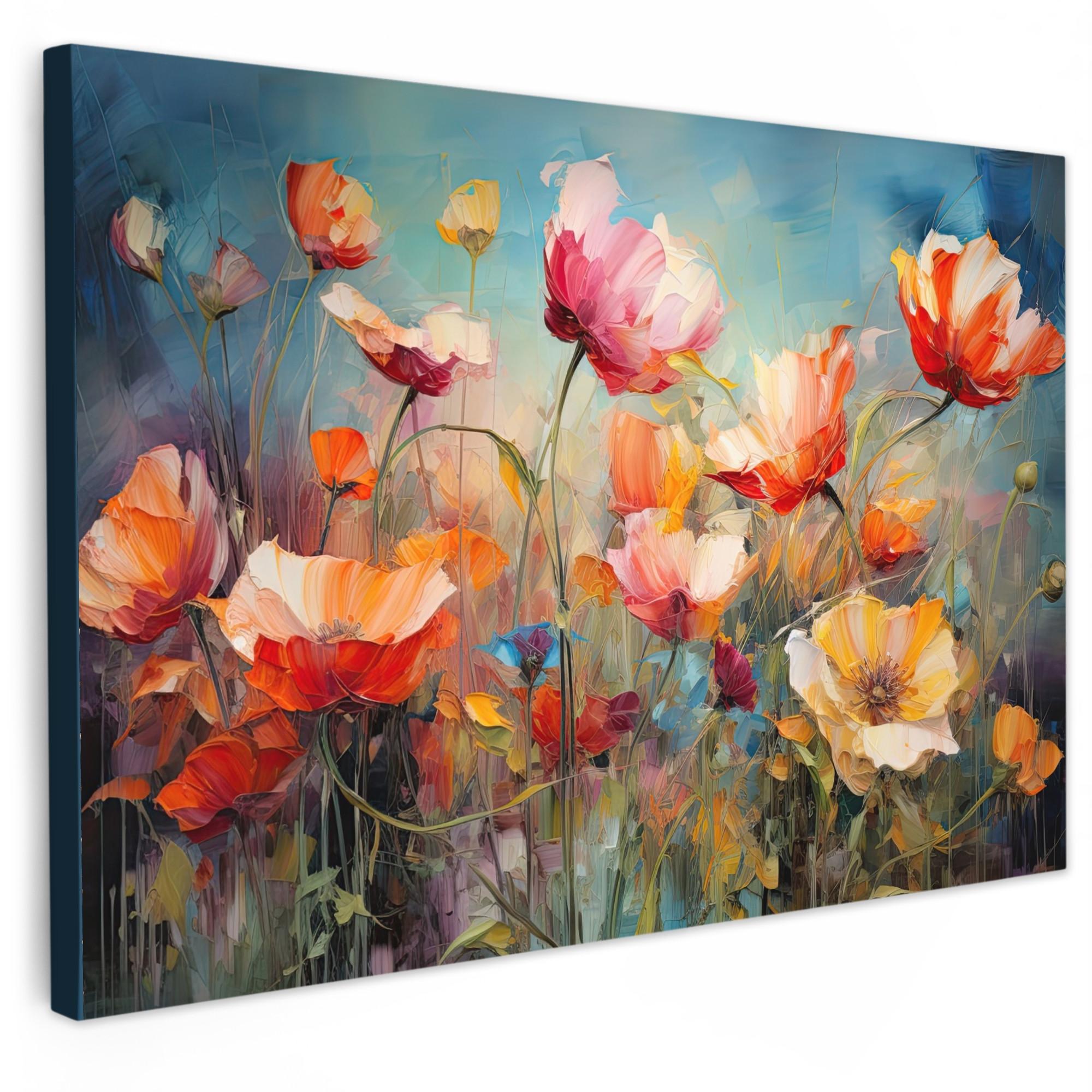 LEINWANDBILD Blumen - Aquarell - Kunst - Botanisch - Natur Wohnzimmer Groß 120x80 cm - Orange, Textil (120/80cm) - MuchoWow