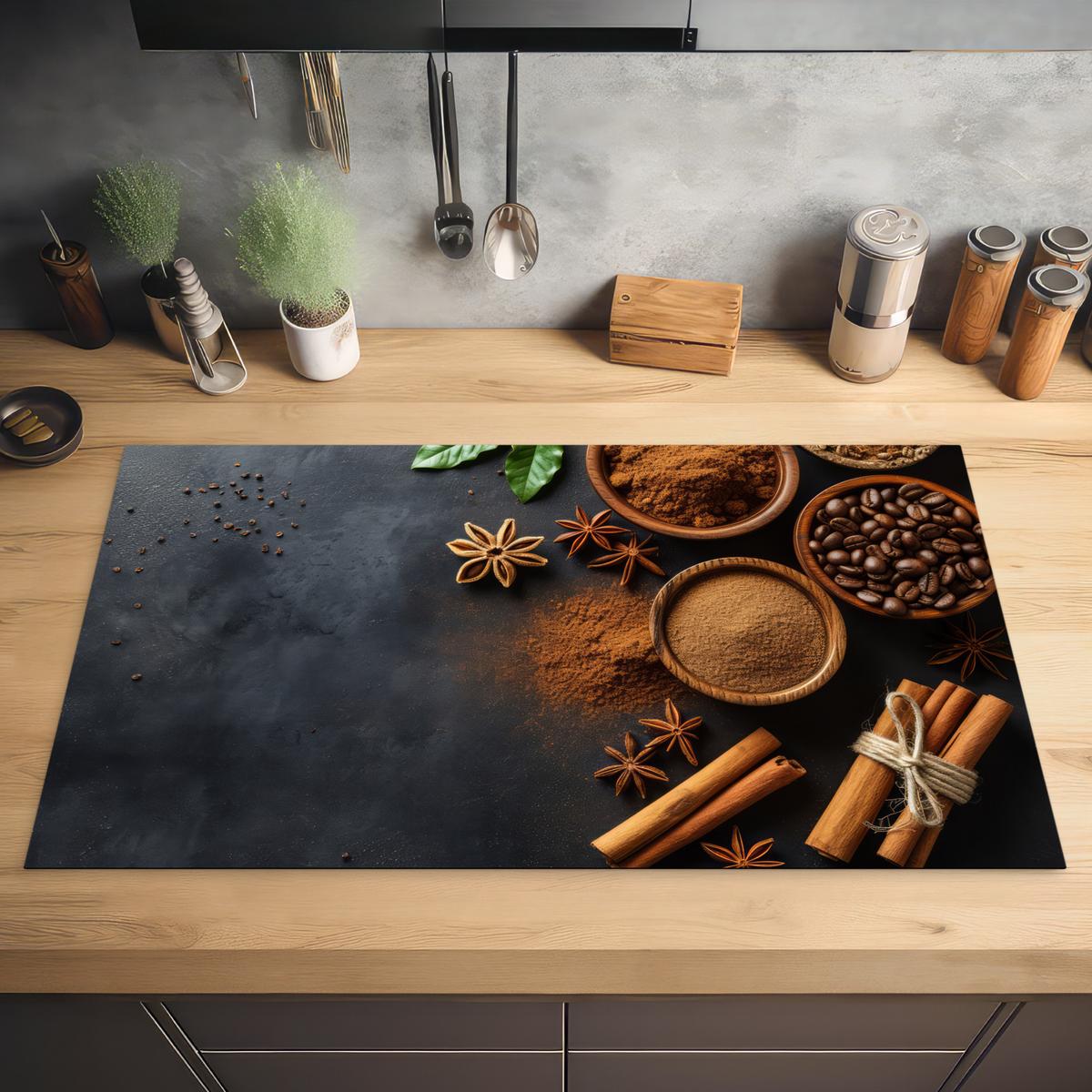 HERDABDECKPLATTE Zimt - Beton - Kaffee - Zimtstangen - Gewürze Induktionsschutz 89.6x51.6 cm - Mokka, Kunststoff (89.6/51.6/0.2cm) - MuchoWow