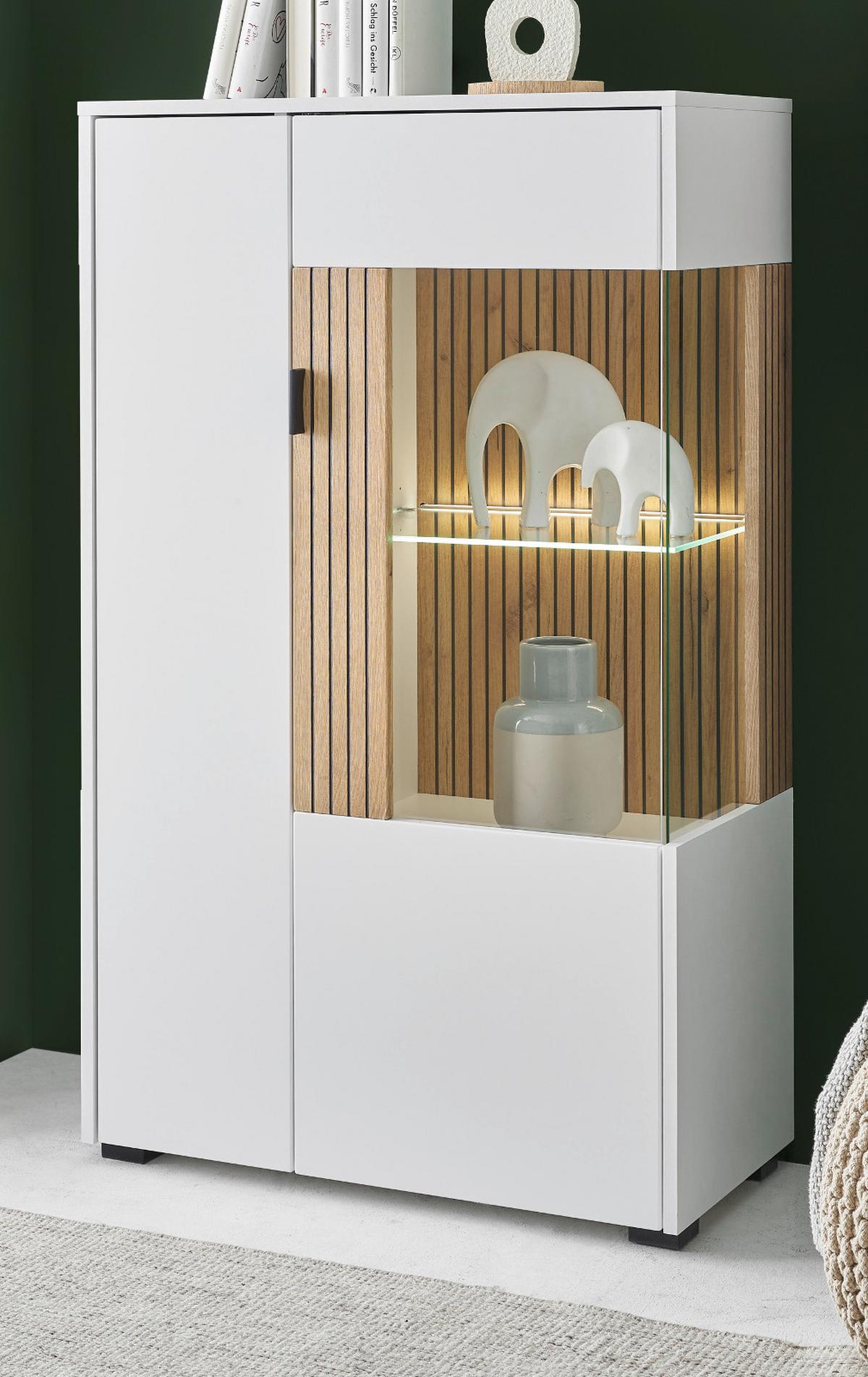 VITRINE weiß matt, Eiche 75 x 125 cm, Highboard mit Soft-Close-Funktion - Eichefarben/Schwarz, Glas/Holzwerkstoff (75/125/38cm) - Furn.Design