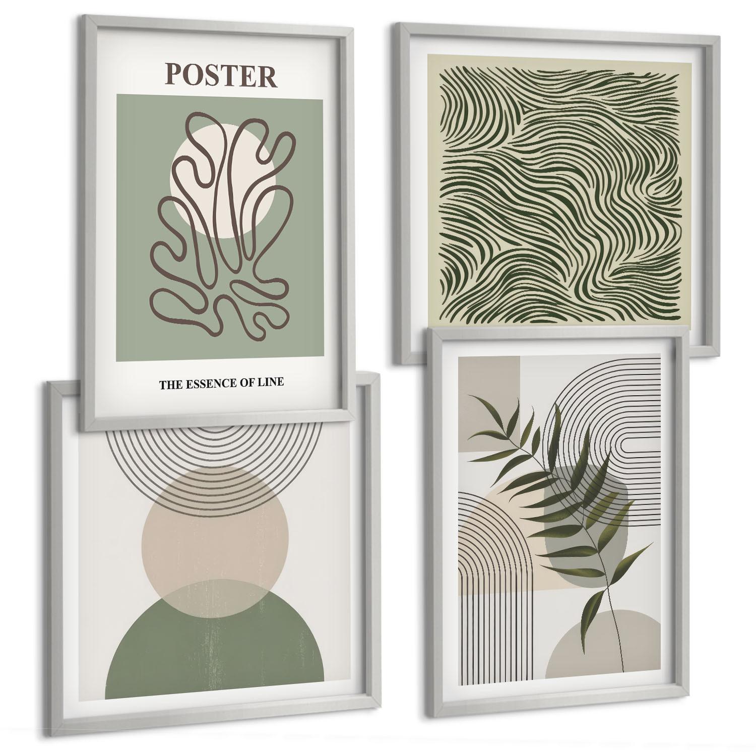 BILDER SET 4er Set - 50x50 cm & 40x60 cm Silberner Rahmen - Geometrische botanische Muster - Silberfarben, Kunststoff (50/50cm) - TULUP