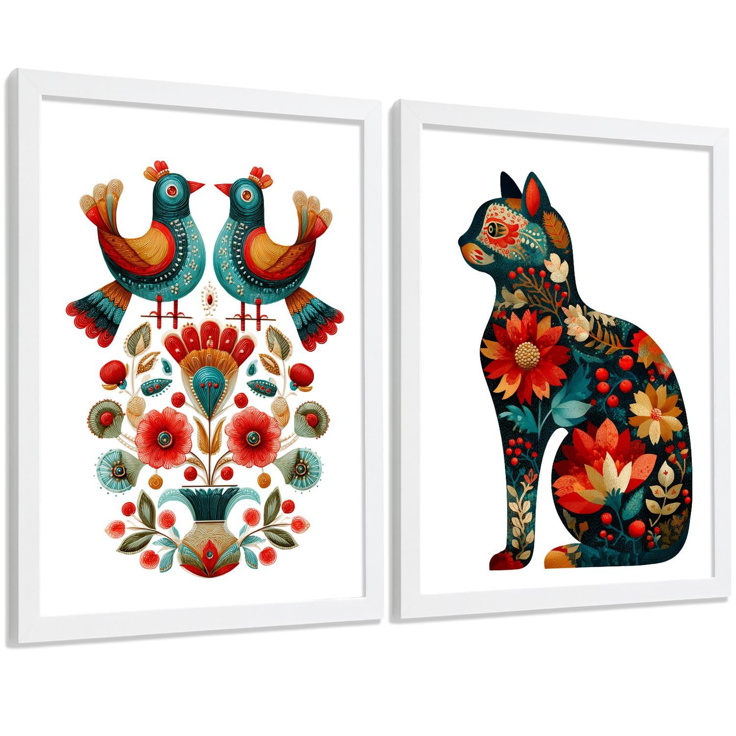 POSTER 2er-Set dekorative Badezimmer-Kunstdrucke, im Stil der Volkskunst für Wand, Toilette mit Vögeln und elegantem Blumen-Katzen Weißer Rahmen A3 - Weiß, Papier (42/29.7/3cm) - Nacnic