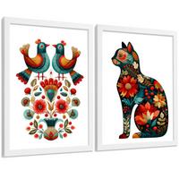 POSTER 2er-Set dekorative Badezimmer-Kunstdrucke, im Stil der Volkskunst für Wand, Toilette mit Vögeln und elegantem Blumen-Katzen Weißer Rahmen A3 - Weiß, Papier (42/29.7/3cm) - Nacnic