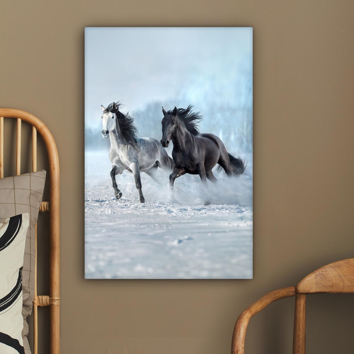 LEINWANDBILD Pferde - Winter - Tiere - Natur - Schnee Wanddeko 40x60 cm - Anthrazit, Textil (40/60cm) - MuchoWow