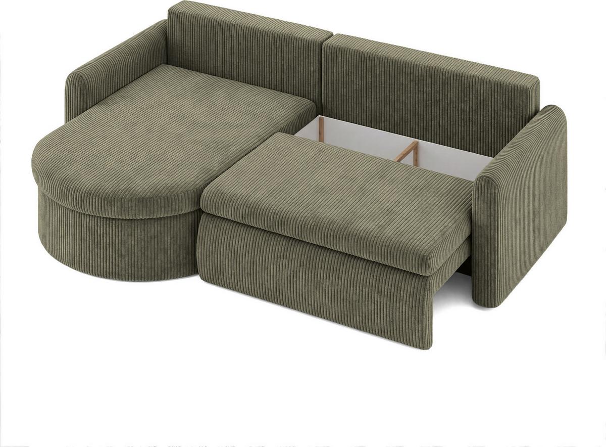 ECKSOFA Cora mit Schlaffunktion & Stauraum, Universell Rechts/Links, Olivgrün Cord Chenille 260/82/160 cm - Schwarz/Grün, Kunststoff/Textil (250/160cm) - WFL GROUP