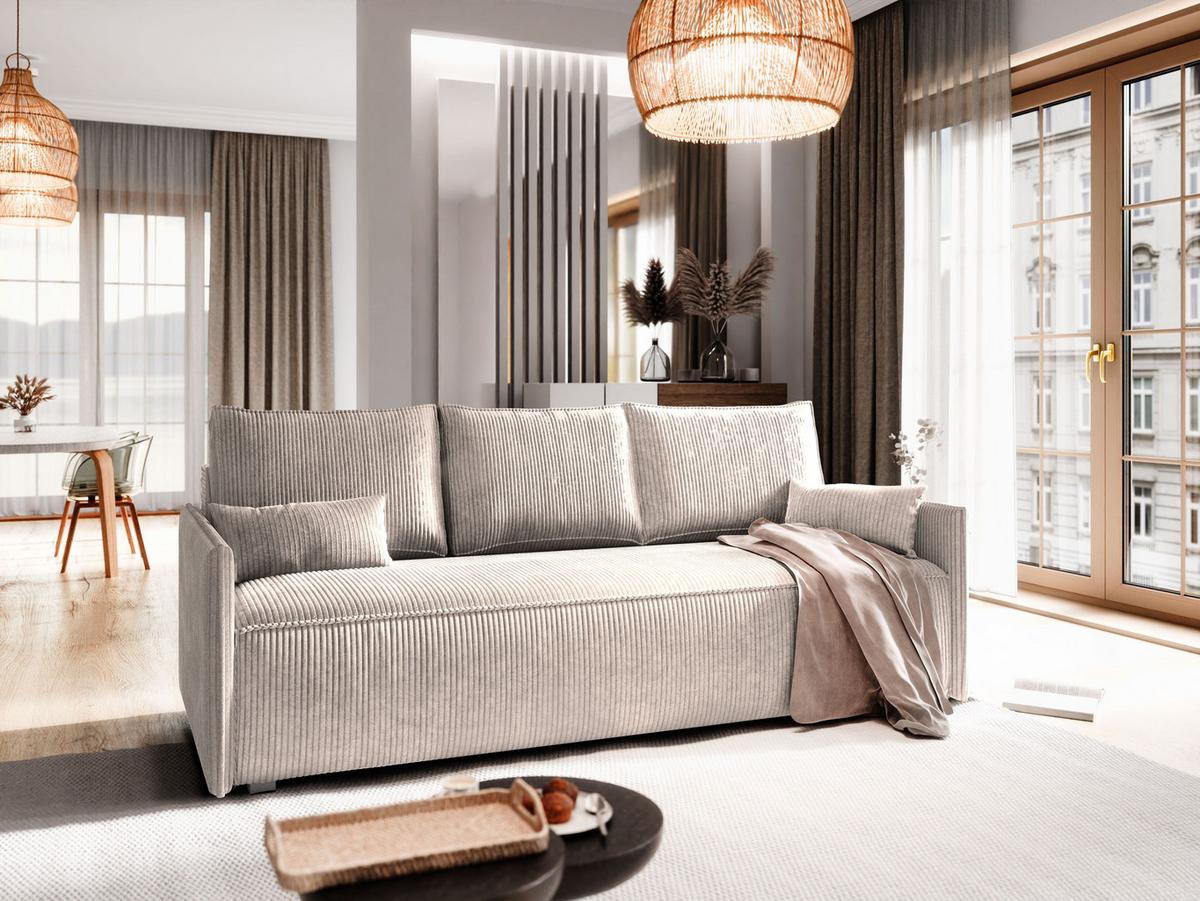 BETTSOFA MESTOR Beige Kordstoff mit Schlaffunktion - Beige, Textil (206/83/87cm) - MASSENO