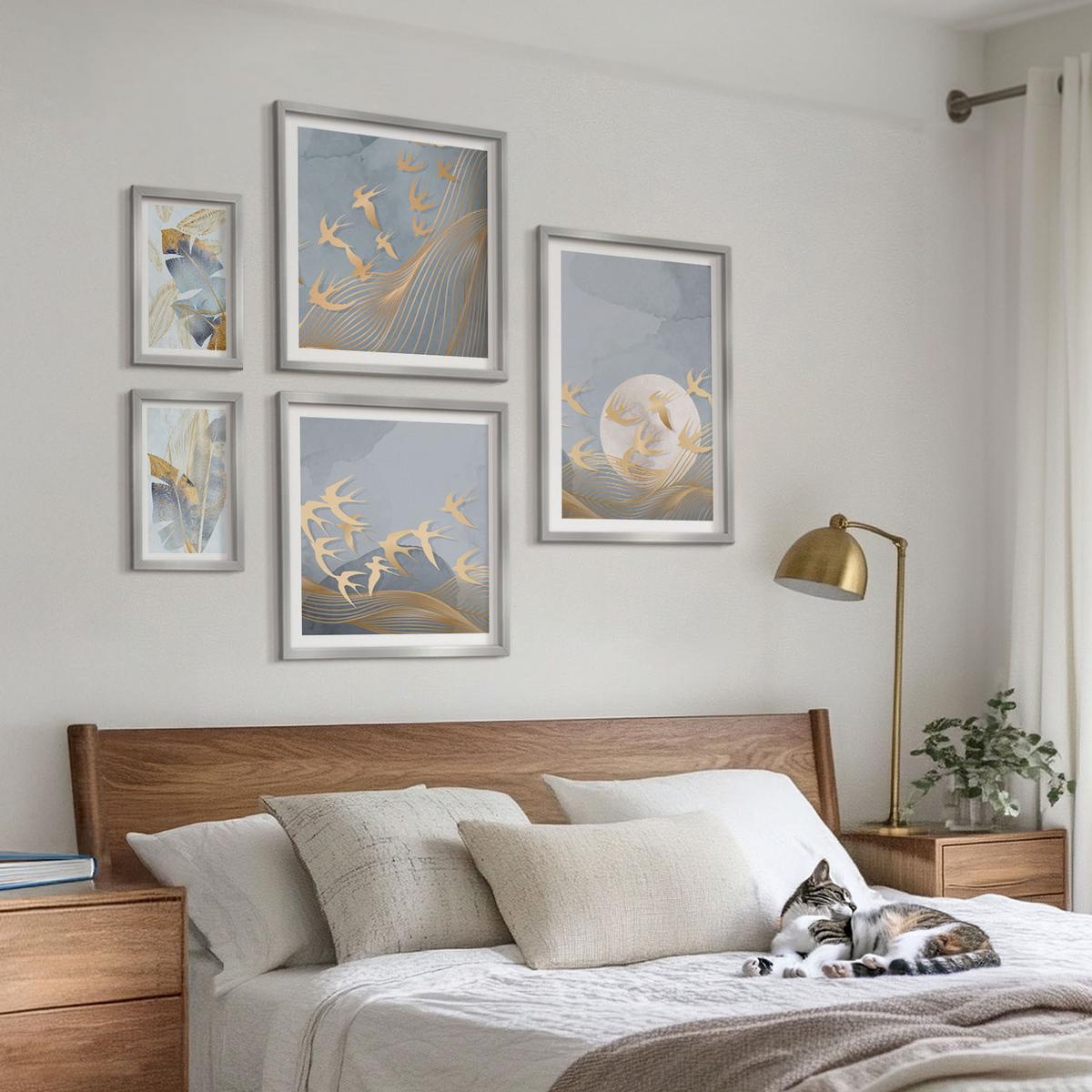 BILDER SET 5er Set - 50x50 cm & 20x30 cm & 40x60 cm Silberner Rahmen - Blaubeige Blätter im Hintergrund - Silberfarben, Kunststoff (40/60cm) - TULUP