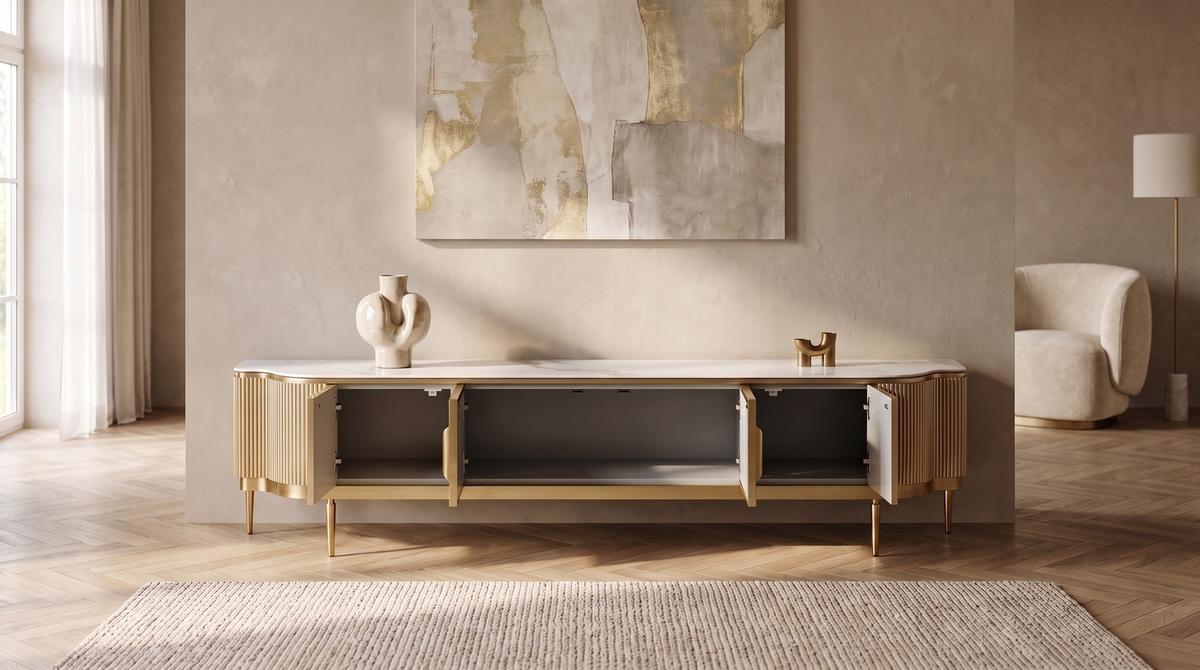 LOWBOARD LEOLA Cremeweiß Holz - Goldfarben/Creme, Holz/Metall (200/200cm) - KAWOLA