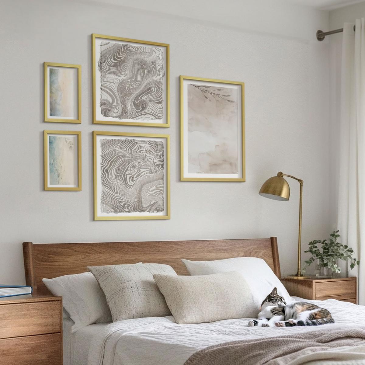 BILDER SET 5er Set - 50x50 cm & 20x30 cm & 40x60 cm Goldrahmen - Zarte Aquarellkartons - Goldfarben, Kunststoff (40/60cm) - TULUP