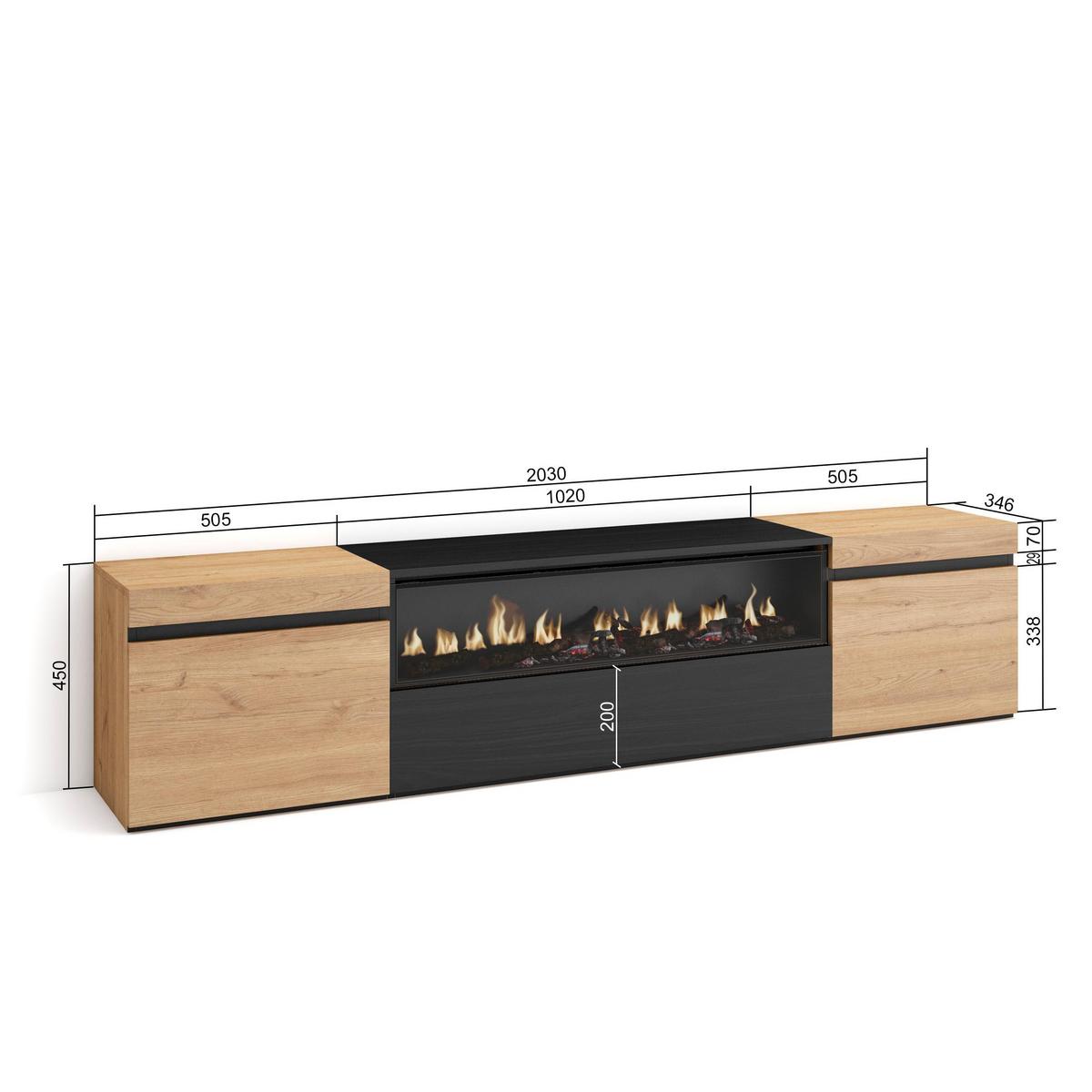 LOWBOARD mit Elektrokamin, Eiche, Schwarz, 200/35/45cm - Eichefarben/Schwarz, Holzwerkstoff (200/45/35cm) - Skraut Home