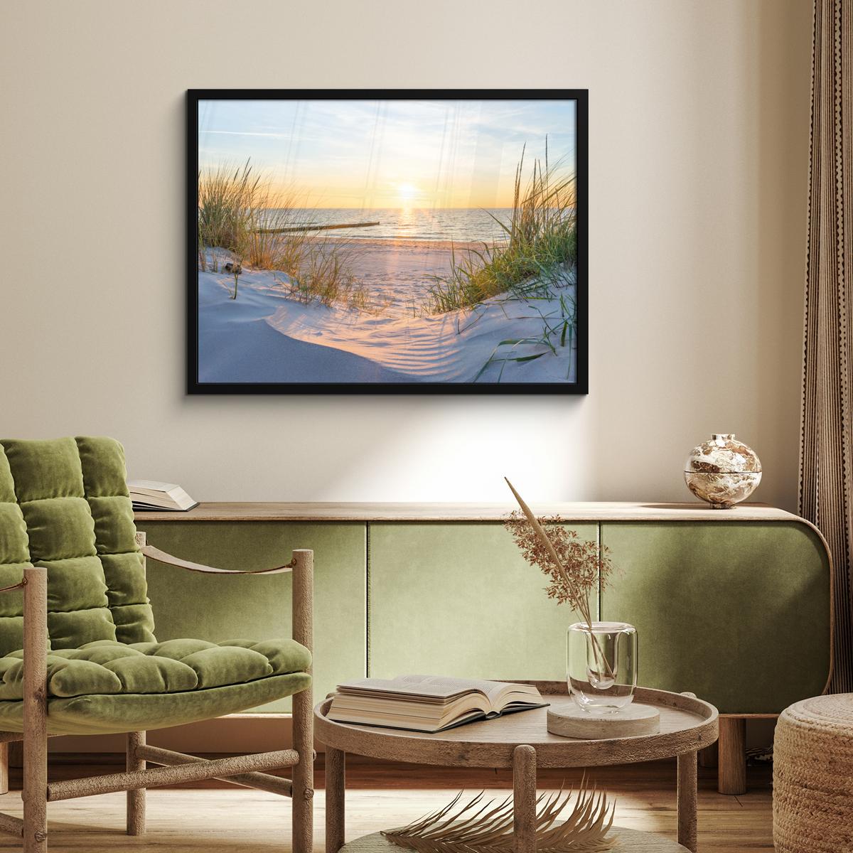 POSTER MIT RAHMENGERAHMTES BILD Strand - Sonne - Düne - Gras - Sand - Horizont 80x60 cm - Hellblau, Papier (80/60cm) - MuchoWow