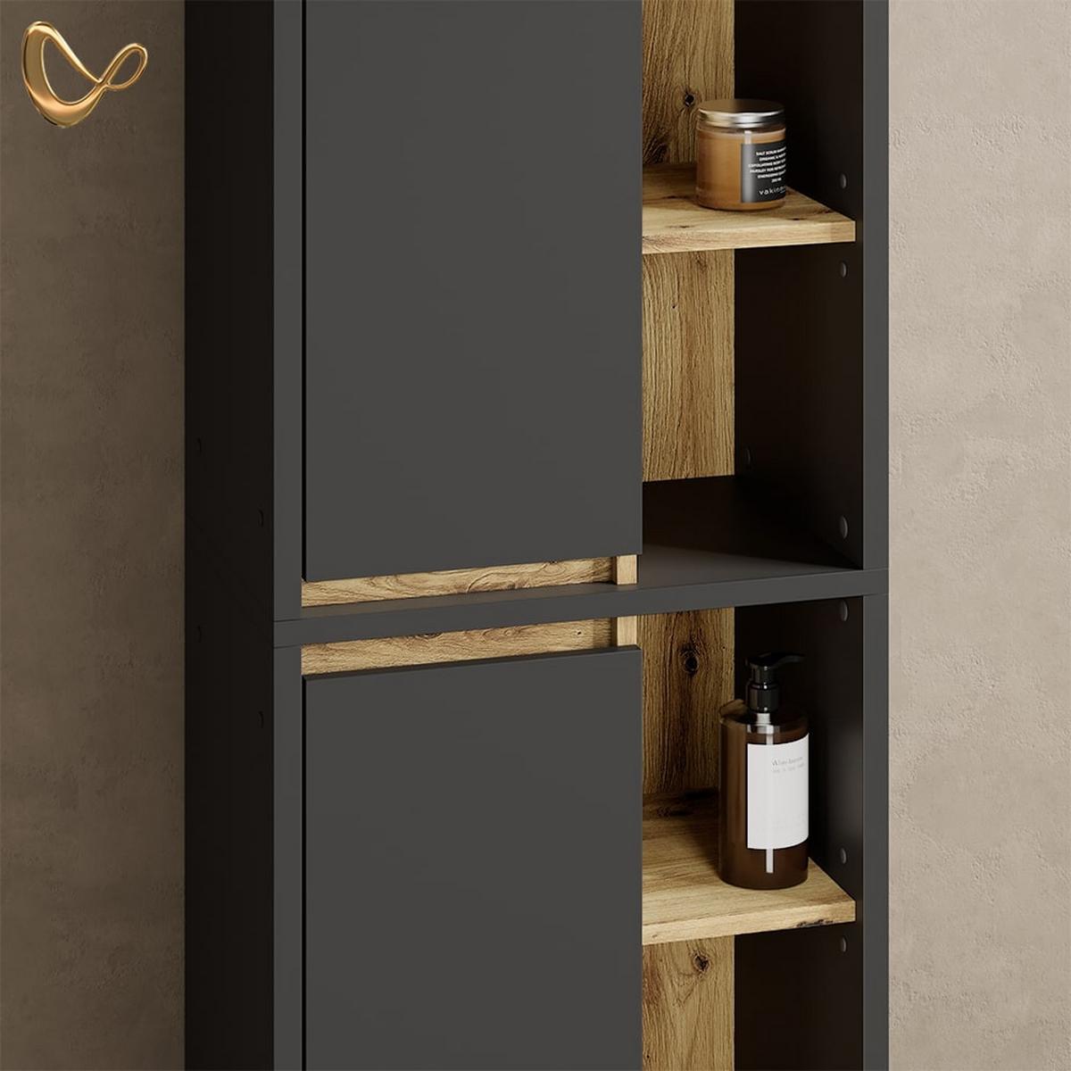 BADSCHRANK Vomano Anthrazit 50 x 170 cm mit Türen, und offenen Fächern - Anthrazit, Holzwerkstoff (50/170/33cm) - Livinity®