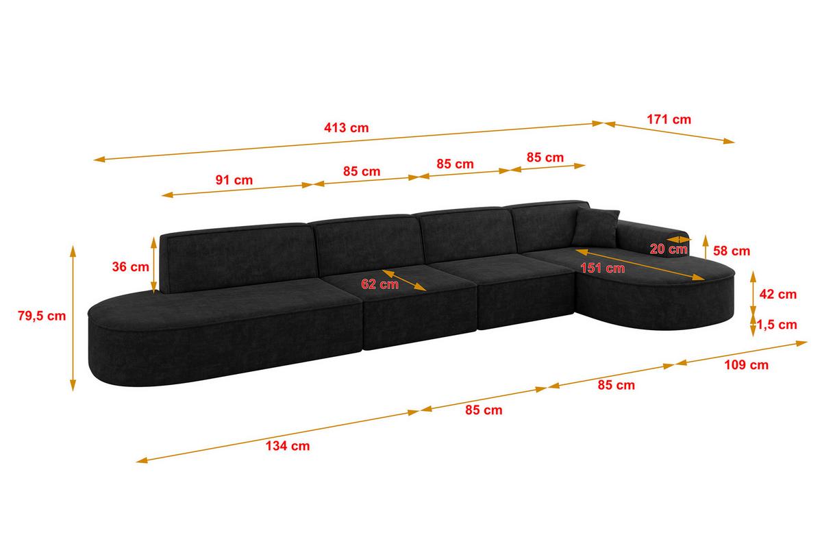 ECKSOFA Ottomane Rechts MARI-L3 - 413x171x79 cm Schwarz Velours - Schwarz, Holzwerkstoff/Kunststoff (171/413cm) - ALTDECOR