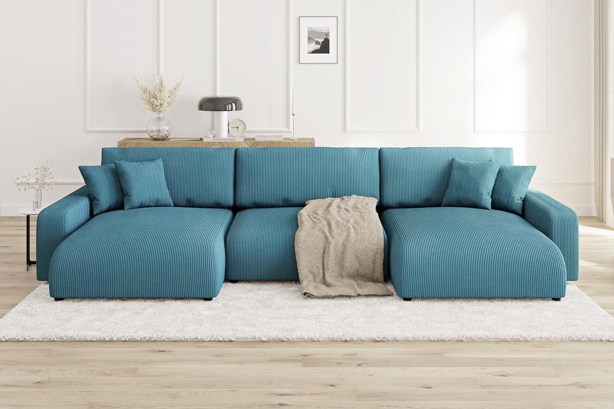 WOHNLANDSCHAFT Emma Türkis Cord - Türkis/Schwarz, Holz/Kunststoff (332/78/170cm) - S-Style Möbel