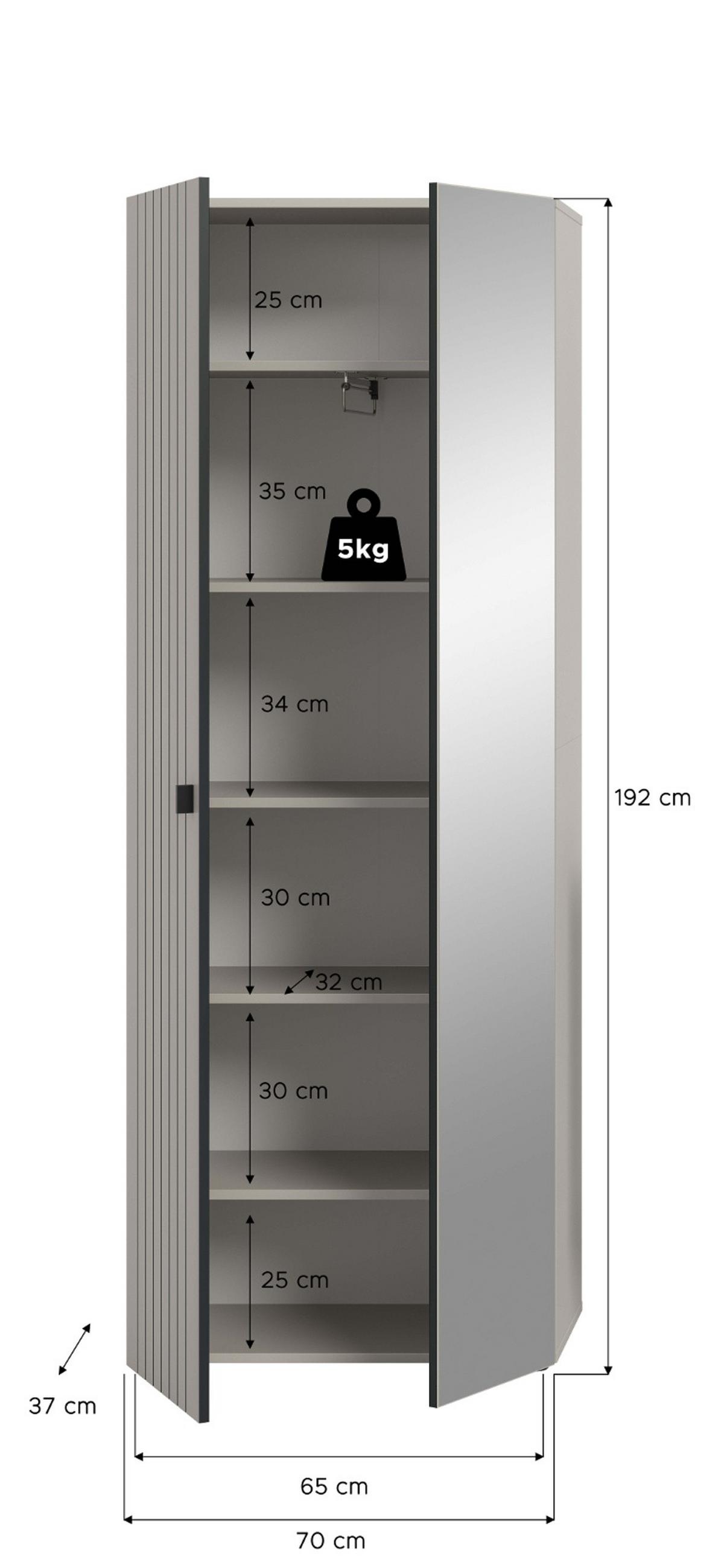 GARDEROBENSCHRANK Kaschmir 70 x 192 cm, Schuhschrank mit variabler Inneneinteilung - Kaschmir/Schwarz, Glas/Holzwerkstoff (70/192/37cm) - Inn.Furn