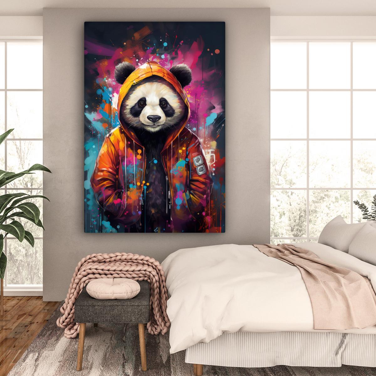 LEINWANDBILD Panda - Jacke - Graffiti - Orange Deko Groß 90x140 cm - Orange, Textil (90/140cm) - MuchoWow