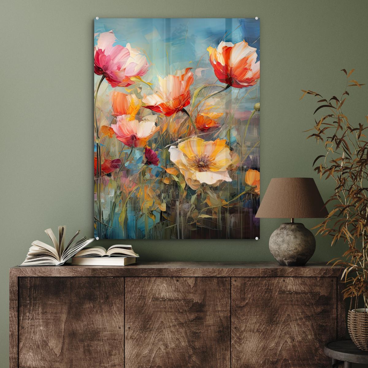 ACRYLGLASBILD Blumen - Aquarell - Kunst - Botanisch - Natur 60x80 cm - Orange, Glas (60/80cm) - MuchoWow