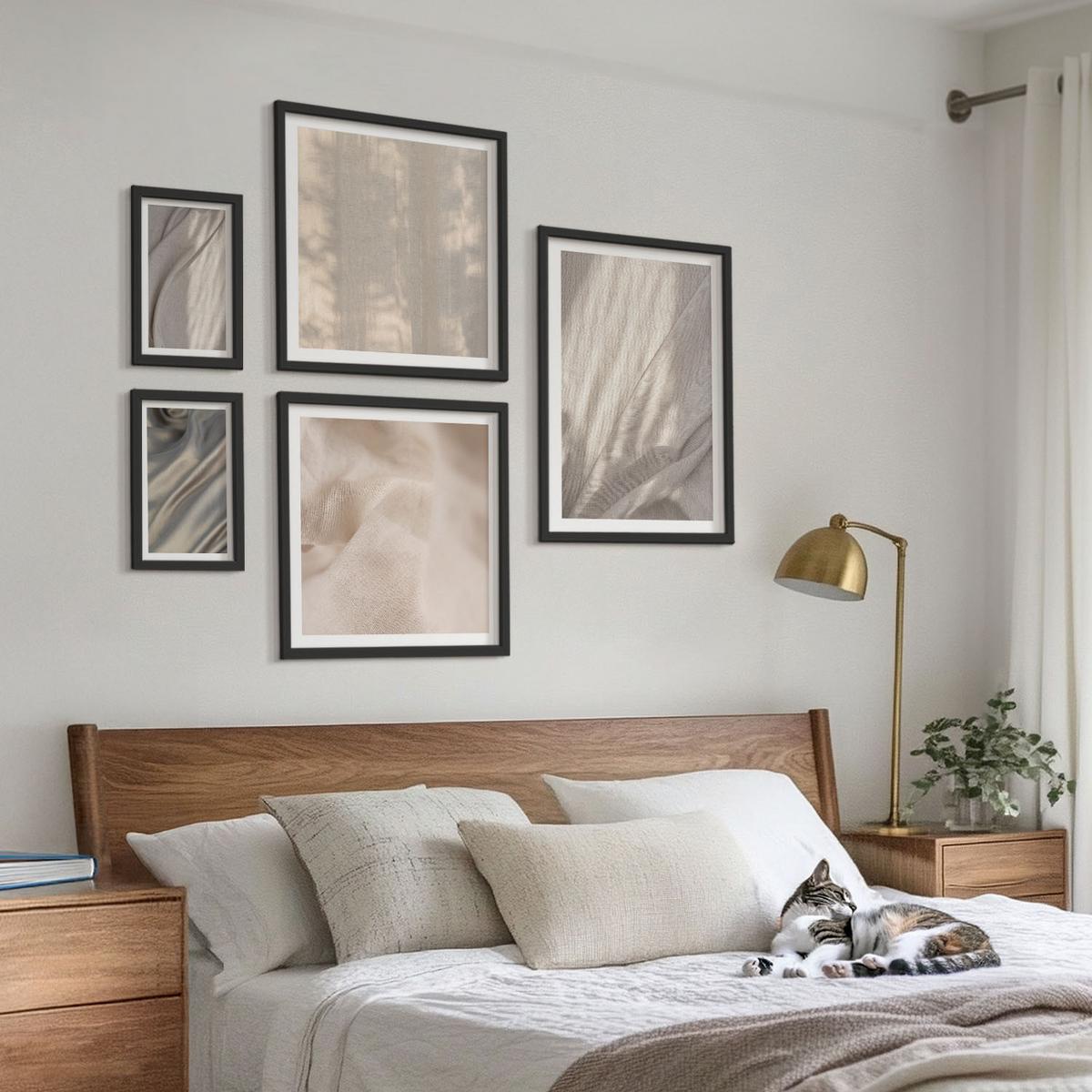 BILDER SET 5er Set - 50x50 cm & 20x30 cm & 40x60 cm Schwarzer Rahmen - Nahaufnahme von natürlichen Boho-Stoffen - Schwarz, Kunststoff (40/60cm) - TULUP