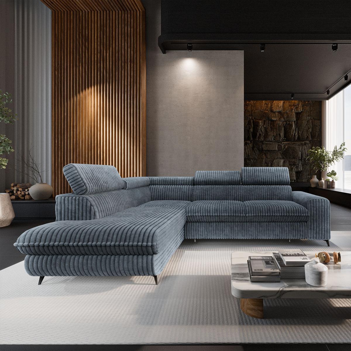 ECKSOFA VELISS Grau Kordstoff mit Schlaffunktion - Grau, Holz (255/193cm) - MASSENO
