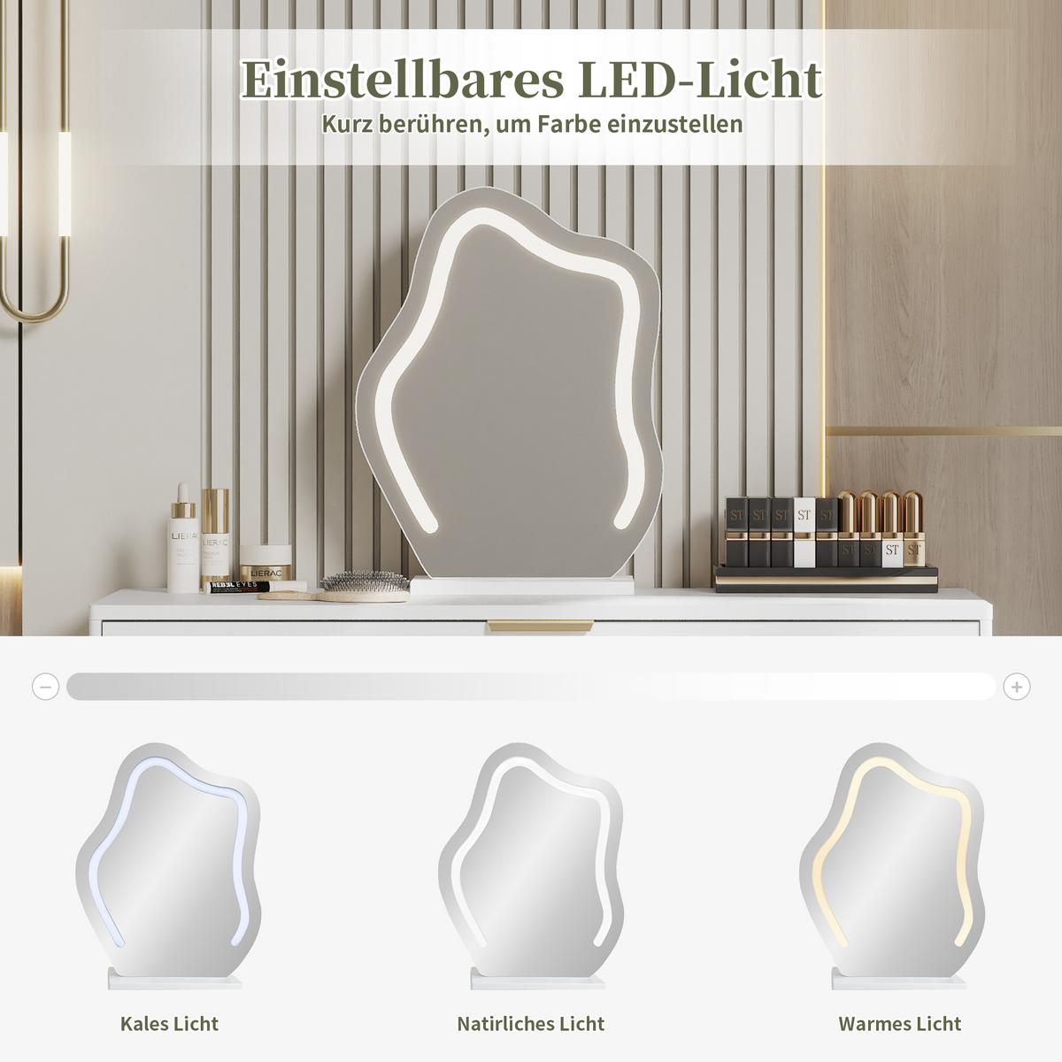 SCHMINKTISCH in Weiß mit LED-Spiegel & Seitenschrank - Weiß, Holzwerkstoff (100/78/40cm) - Urban Meuble