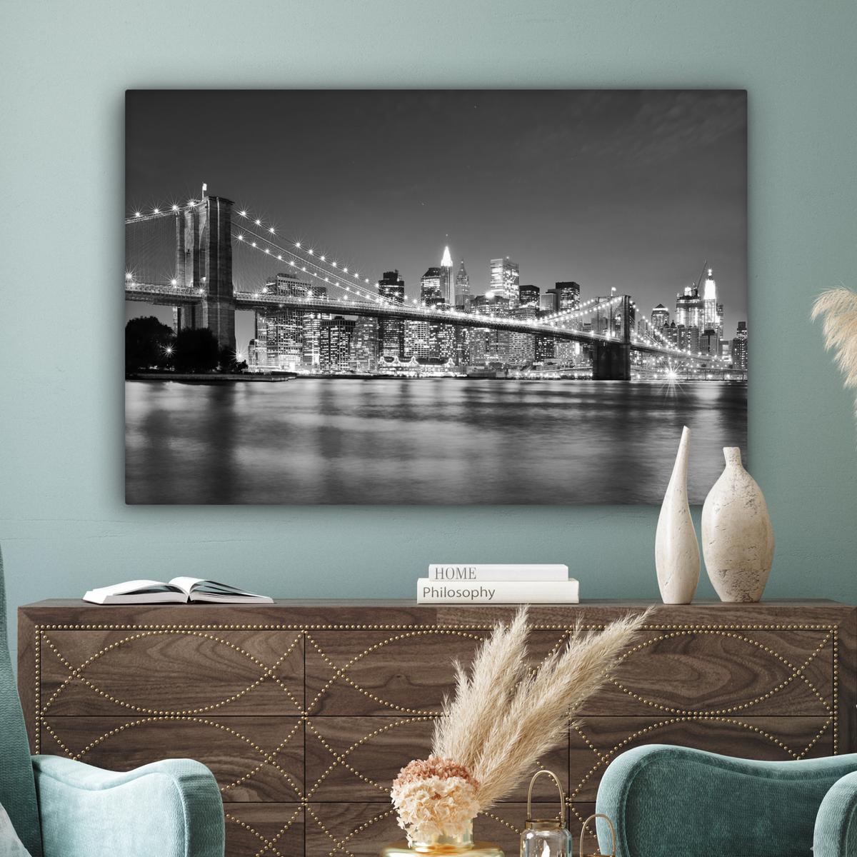 LEINWANDBILD New York - Brücke - Brooklyn - Schwarz und weiß - Architektur Groß 140x90 cm - Schwarz, Textil (140/90cm) - MuchoWow