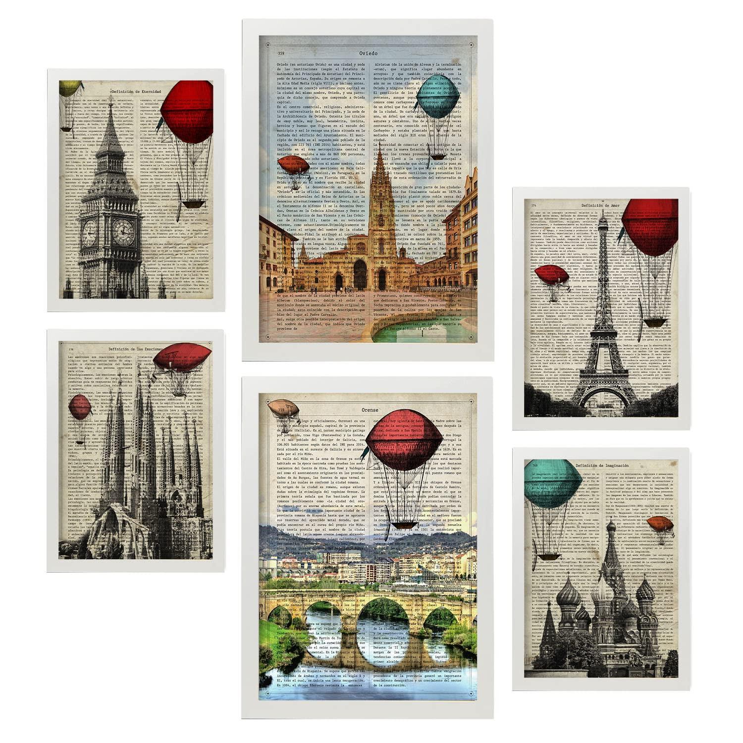 POSTER Set Mit 6 Von Vintage Cities Sammlung A3 & A4 Weißer Rahmen - Weiß, Papier (29/3cm) - Nacnic