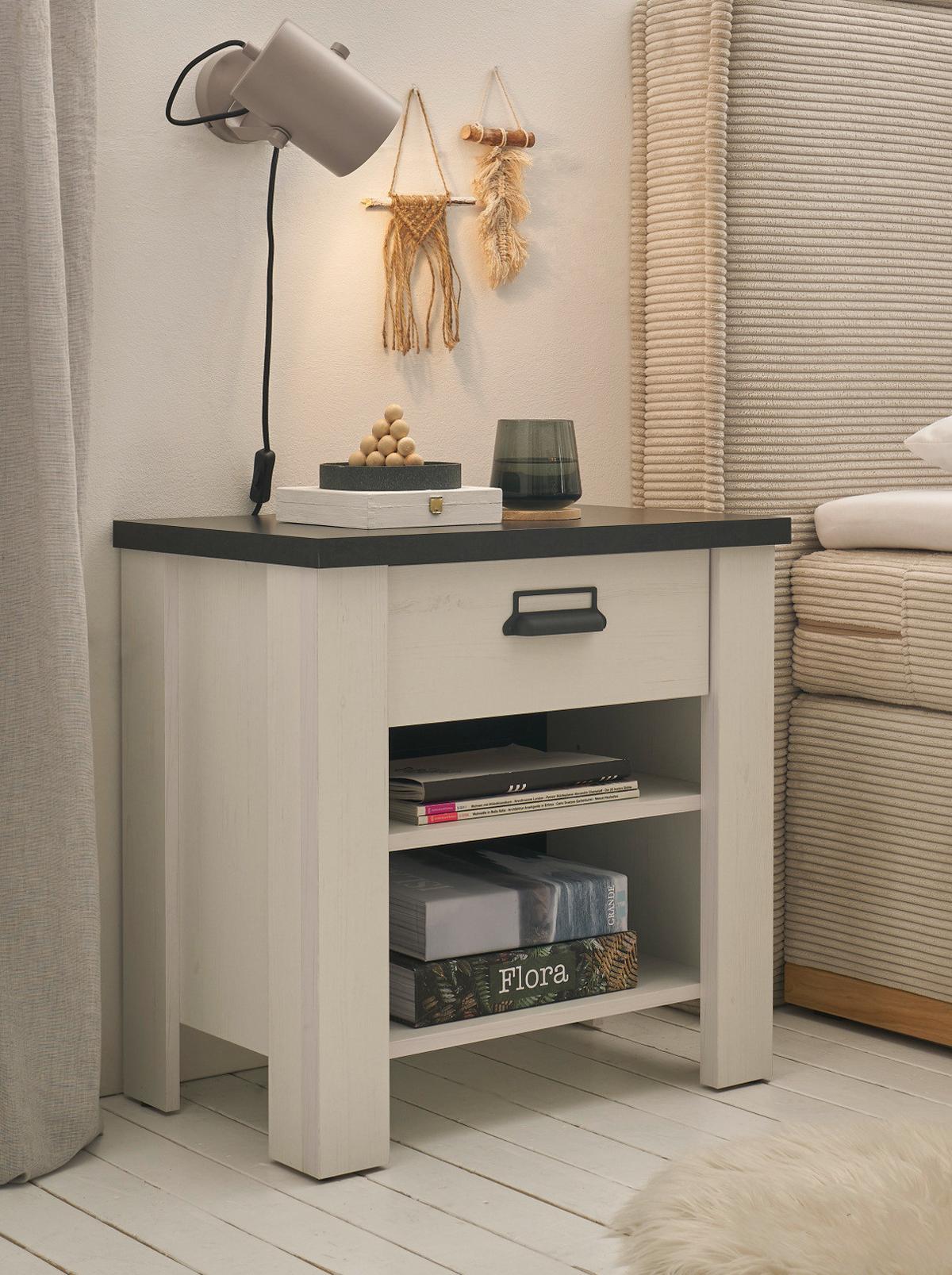 NACHTTISCH weiß Pinie, anthrazit, Landhaus Nachtkommode mit Schubkasten in Komforthöhe - Anthrazit/Weiß, Holzwerkstoff/Metall (60/61/39cm) - Furn.Design