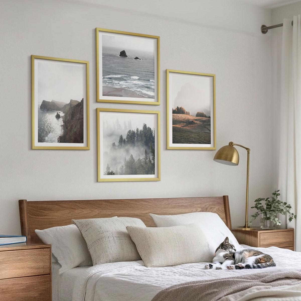 BILDER SET 4er Set - 50x50 cm & 40x60 cm Goldrahmen - Landschaften aus Bergen und Meer - Goldfarben, Kunststoff (50/50cm) - TULUP