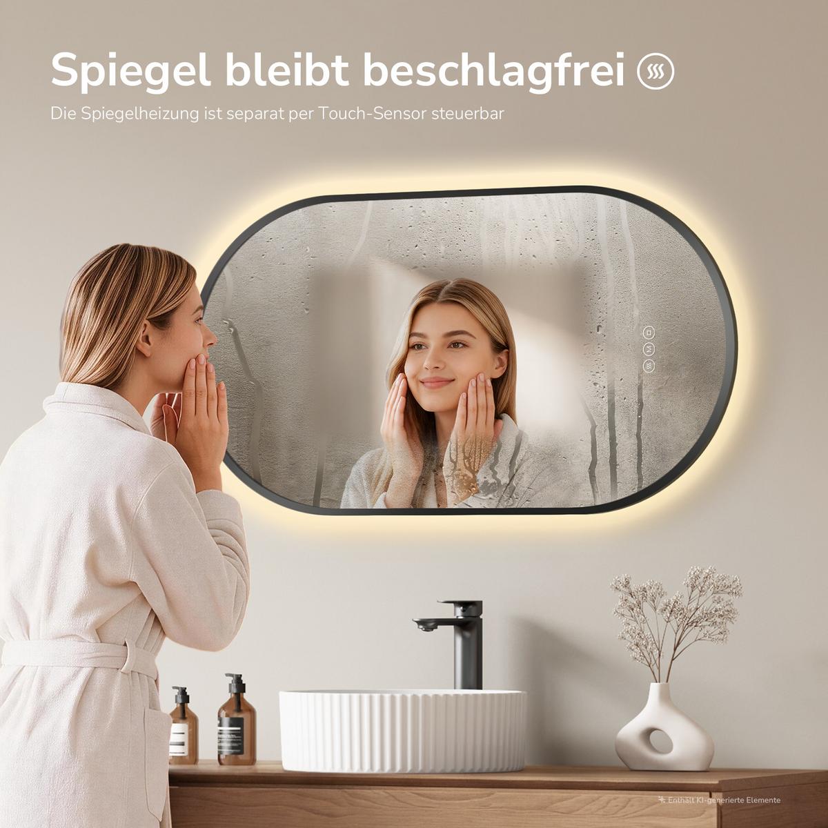 BADSPIEGEL oval mit LED-Beleuchtung 45 x 75 cm Antibeschlag Schwarz - Schwarz, Glas (75/45/2cm) - EMKE