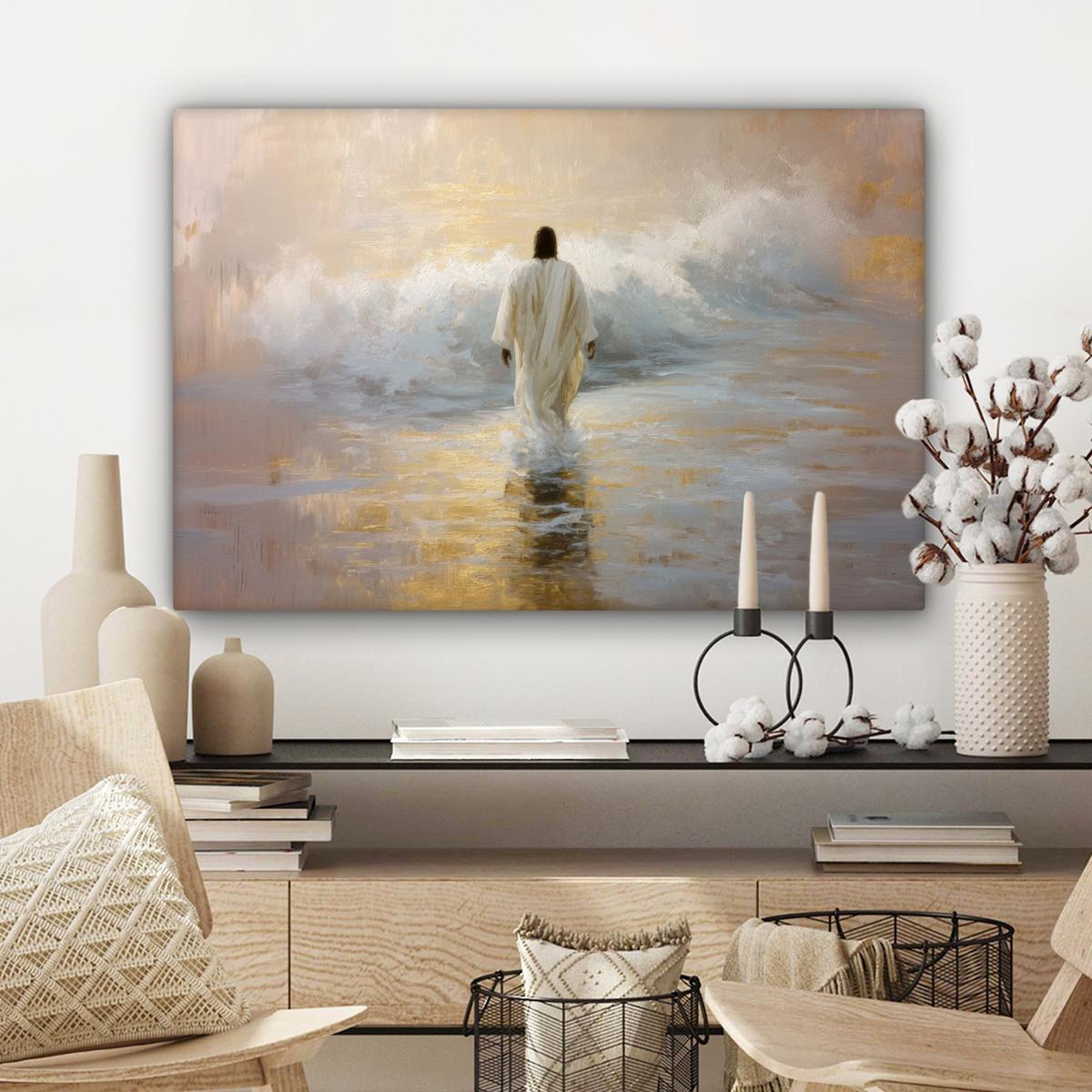 LEINWANDBILD Gemälde - Welle - Jesus - Abstrakt Gemälde 60x40 cm - Goldfarben, Textil (60/40cm) - MuchoWow