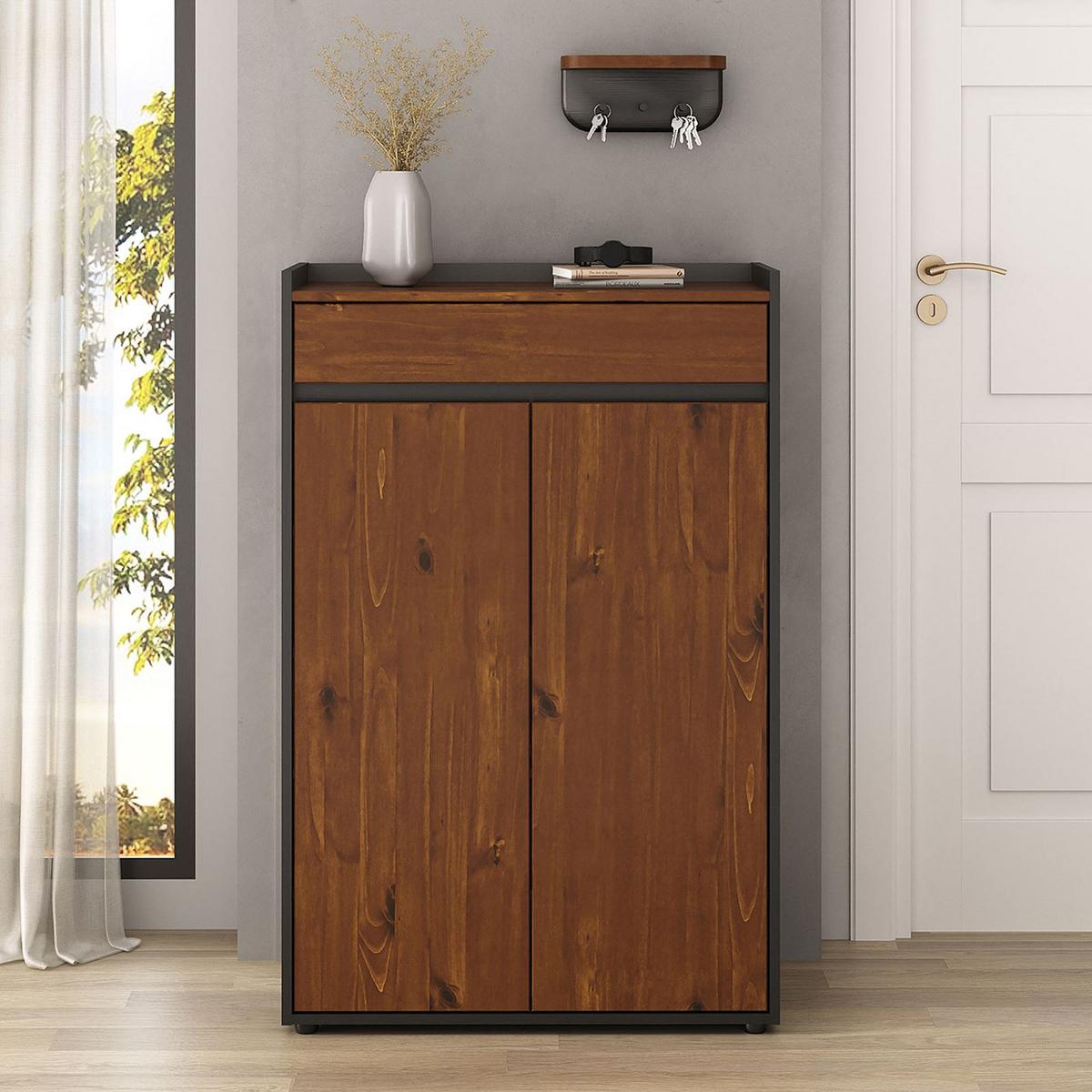 SCHUHSCHRANK TILO schwarz/Kastanie - Kastanienfarben/Schwarz, Holz (74/114/35cm) - IDIMEX