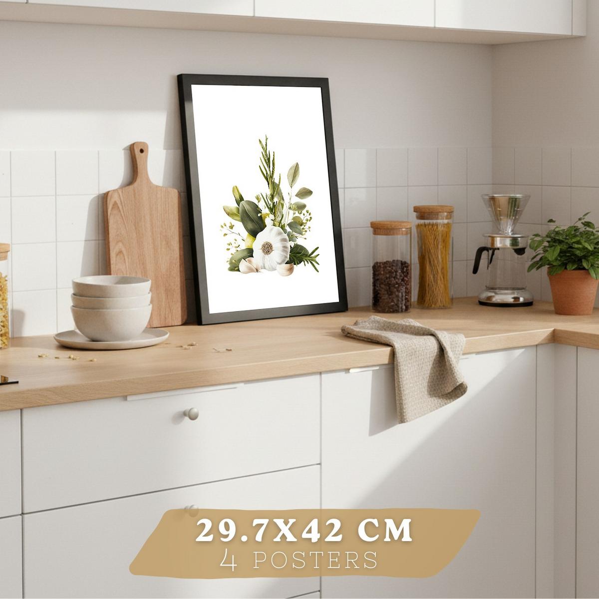 POSTER 4er Set Mediterrane Küchen-Wandbilder Zitronen Knoblauch Oliven Kräuter Aquarell Esszimmer Deko Schwarzer Rahmen A4 - Schwarz, Papier (29.7/1/21cm) - Nacnic