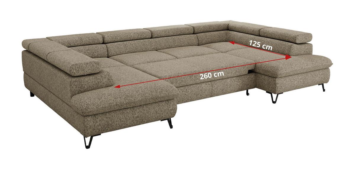 WOHNLANDSCHAFT PABLO U Strukture Dunkelbeige mit Topper Visco - Greige/Schwarz, Textil/Metall (346/76/208cm) - MKS