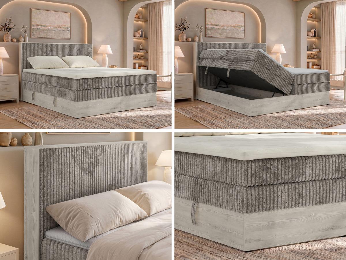 BOXSPRINGBETT NORDIC KING 200/200 - Hellbraun Cord - Topper Visco - H3 - Hellbraun/Schwarz, Kunststoff/Textil (200/200cm) - MKS