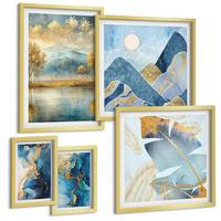 BILDER SET 5er Set - 50x50 cm & 20x30 cm & 40x60 cm Goldrahmen - Goldmuster in den blauen Bergen - Goldfarben, Kunststoff (40/60cm) - TULUP
