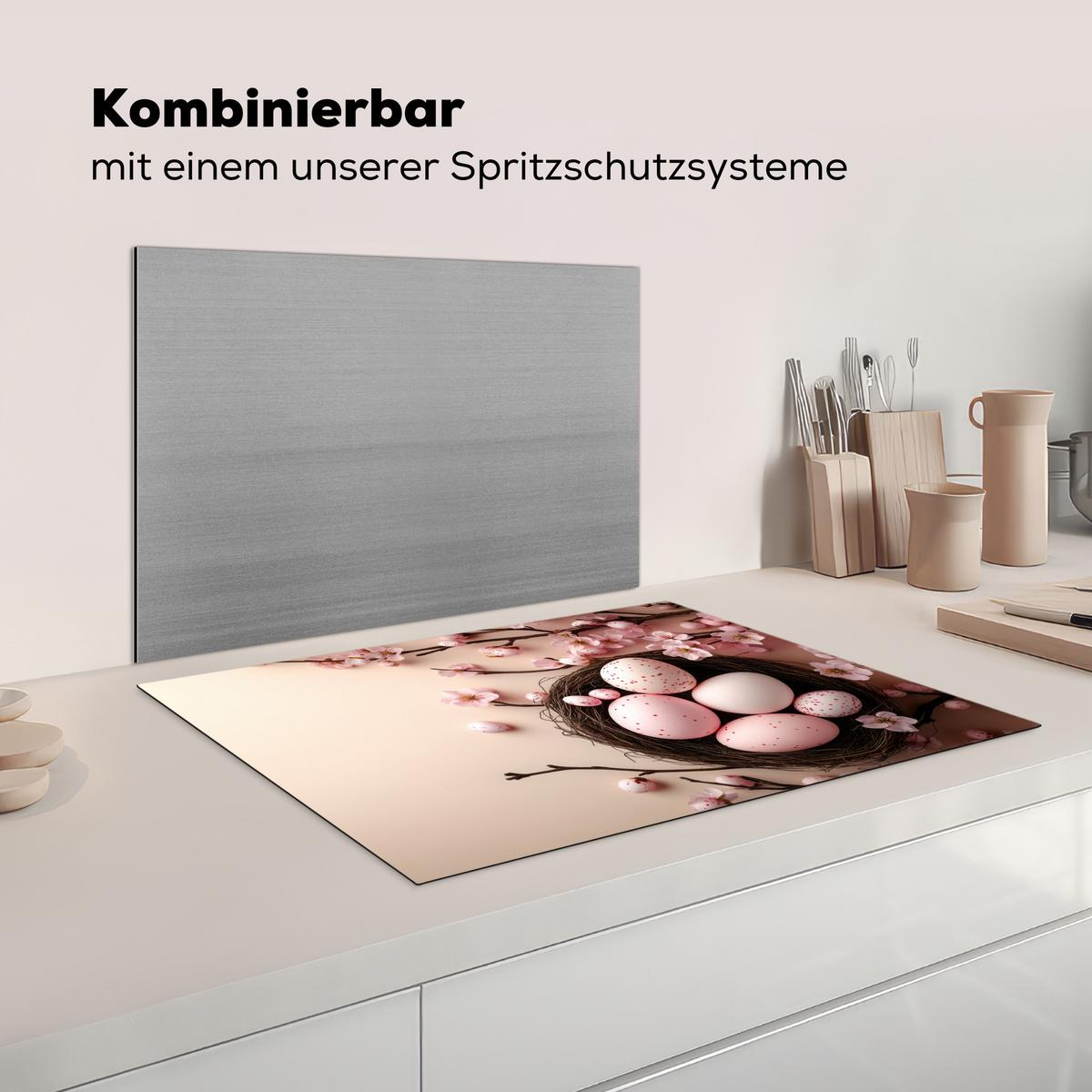 HERDABDECKPLATTE Rosa - Blüten - Eier Herdabdeckung Induktionsfeld 75x52 cm - Hellrosa, Kunststoff (75/52/0.2cm) - MuchoWow