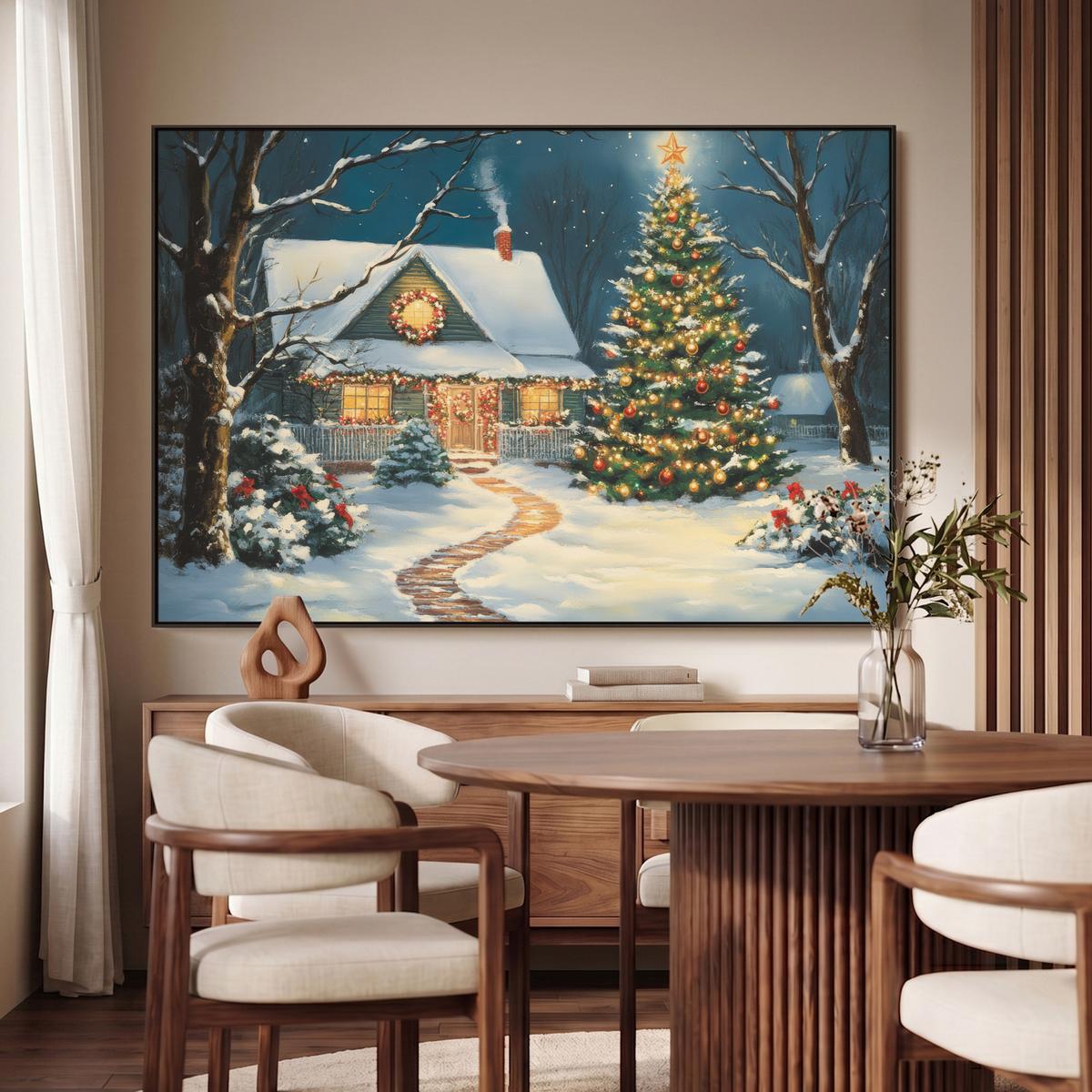 LEINWAND Bilder mit Rahmen - Weihnachten - Weihnachtsbaum - Winter - Zuhause - Schnee - 140x90 - Smaragdgrün, Textil (140/90cm) - MuchoWow