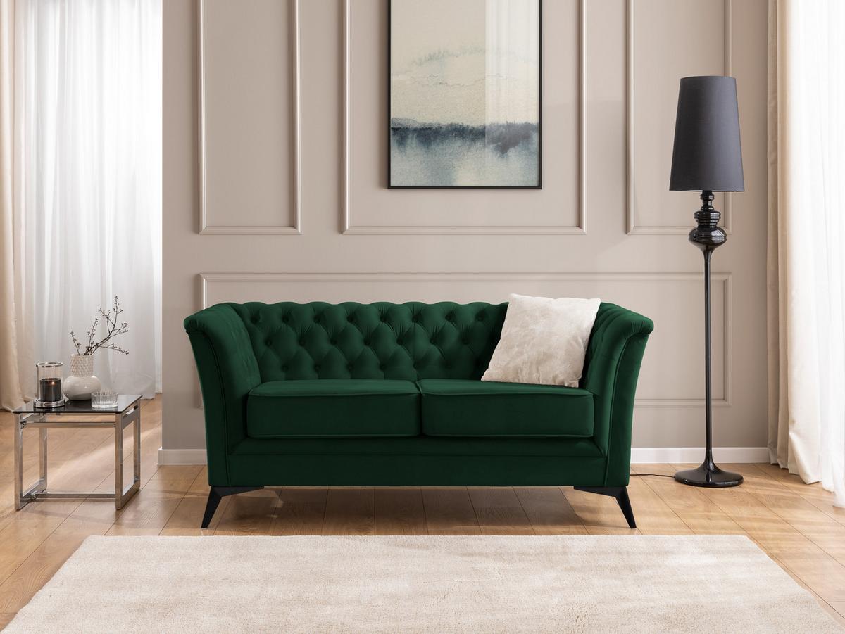 SITZGARNITUR 3+2+1 Chesterfield Whitby Flaschengrün Samt mit schwarzen Füßen - Dunkelgrün/Schwarz, Holz/Textil (237/78/82cm) - S-Style Möbel