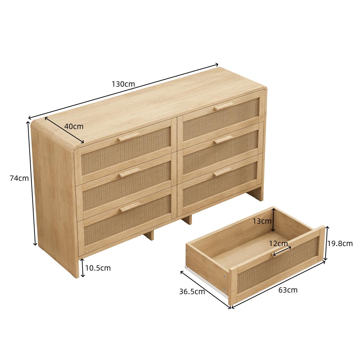 SIDEBOARD holzwerkstoff in natur mit rattan geflecht, abgerundete ecken & 6 schubladen - Naturfarben, Holzwerkstoff (130/74/40cm) - Urban Meuble