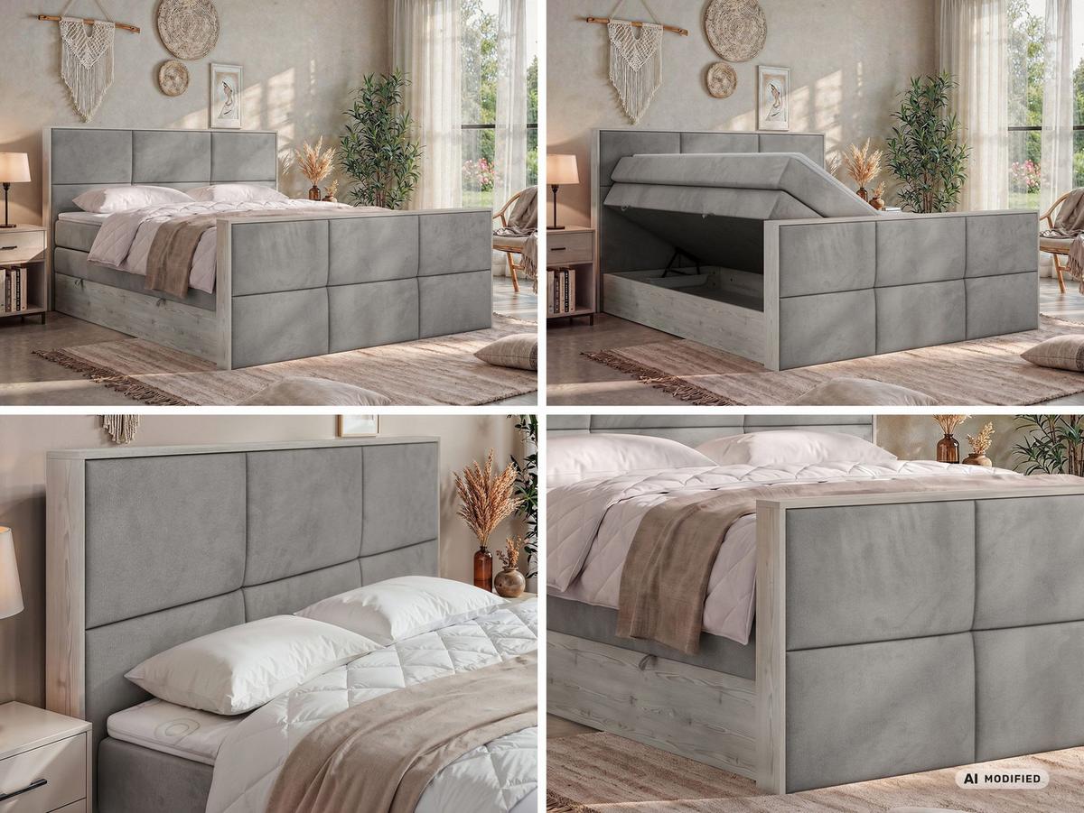 BOXSPRINGBETT DELNOR KING DUO 140/200 - Hellgrau Velvet - Topper Visco - H3 - Hellgrau/Schwarz, Kunststoff/Textil (140/200cm) - MKS