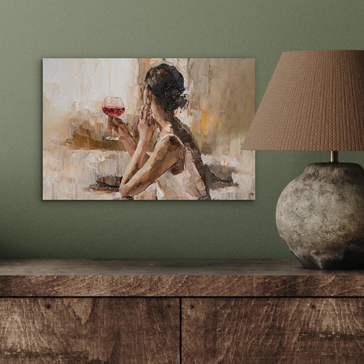 METALLBILD Ölgemälde - Frau - Wein 30x20 cm - Hellbraun, Metall (30/20cm) - MuchoWow