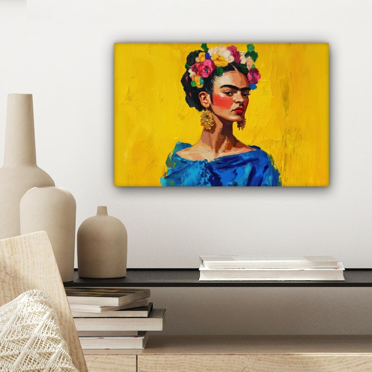 LEINWANDBILD Frida Kahlo - Frau - Gelb - Blau - Blumen Deko Schlafzimmer 30x20 cm - Gelb, Textil (30/20cm) - MuchoWow