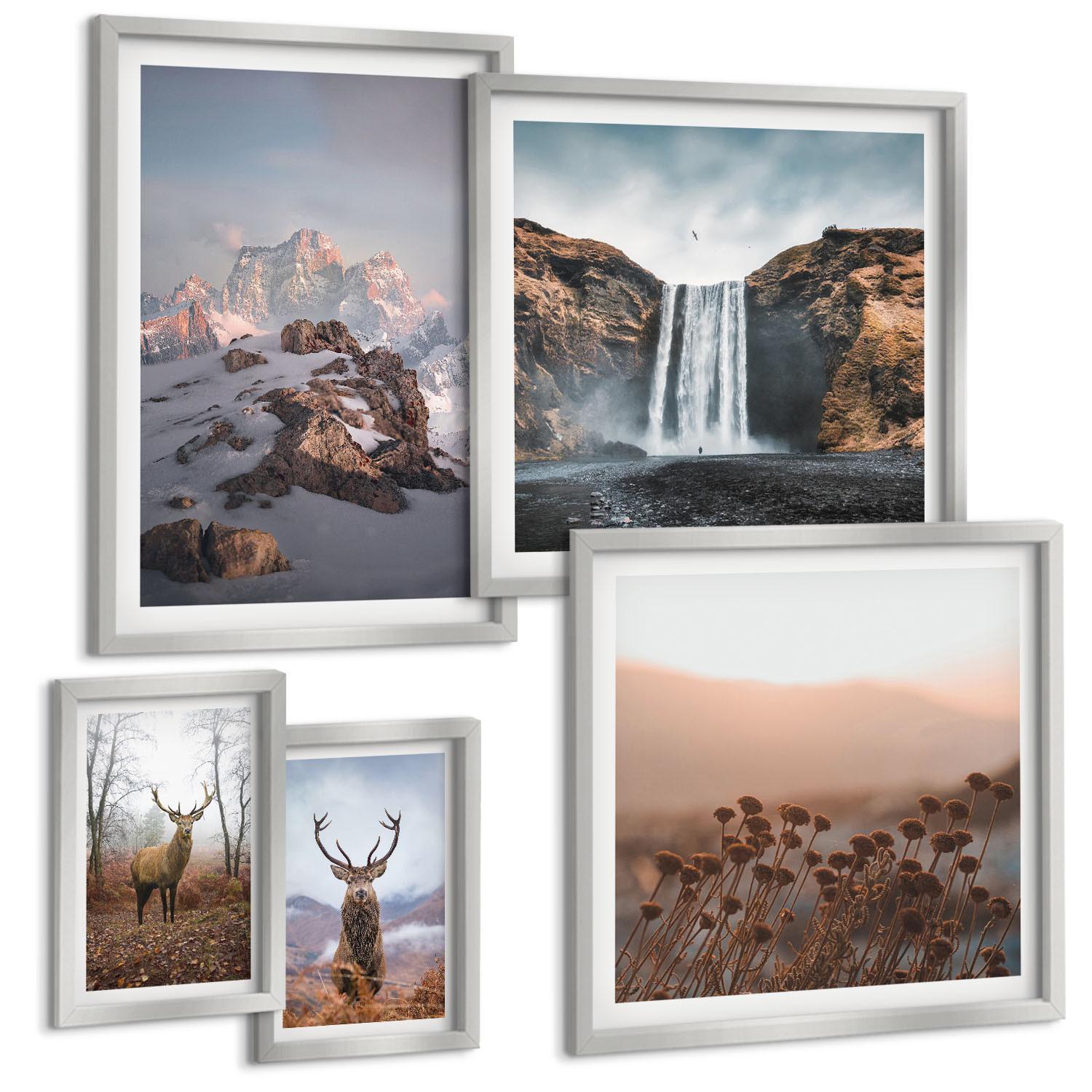 BILDER SET 5er Set - 50x50 cm & 20x30 cm & 40x60 cm Silberner Rahmen - Urlaub Palmen Wasserfall - Silberfarben, Kunststoff (40/60cm) - TULUP