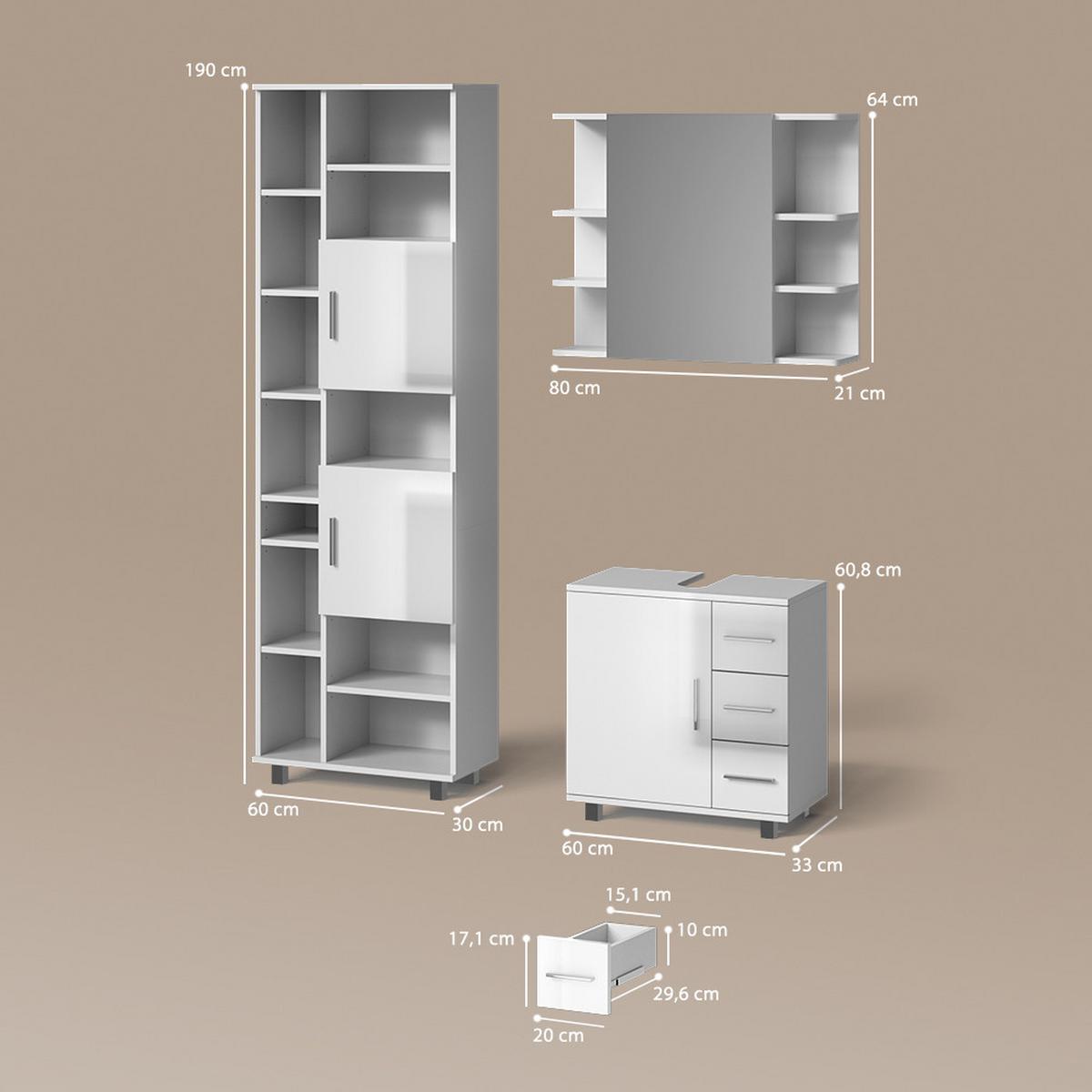 BADMÖBEL-SET Eisak Weiß Hochglanz 3 Teile, mit Hochschrank - Weiß Hochglanz, Holzwerkstoff (60/60/33cm) - Livinity®